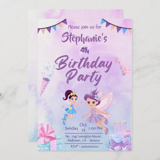 おとぎ話をテーマにしたモダンかわいいパステル4歳の誕生日 招待状 (正面/裏面)