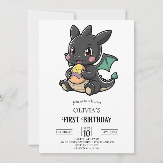 おとぎ話シンプルデジタルドラゴン1st誕生日 招待状 (正面)
