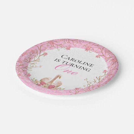 おとぎ話スワンピンクフローラ誕生日パーティー ペーパープレート (アングル)