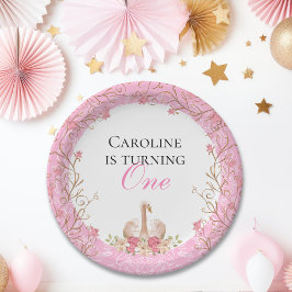 おとぎ話スワンピンクフローラ誕生日パーティー ペーパープレート