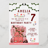 おとぎ話ドアガールバースデーパーティー金ゴールド 箔招待状 (正面)