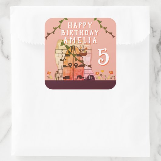 おとぎ話ドアフラワースケッチガールバースデーパーティー スクエアシール (バッグ)