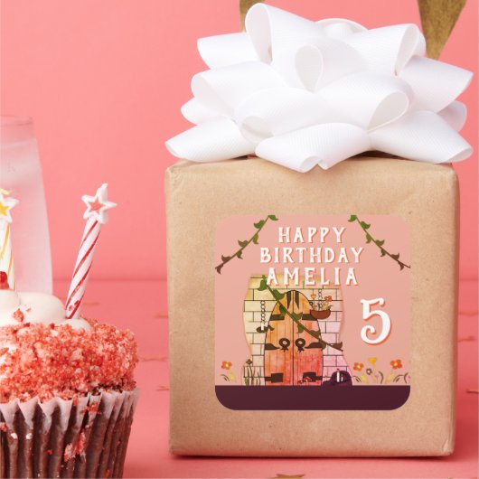 おとぎ話ドアフラワースケッチガールバースデーパーティー スクエアシール (パーティー)