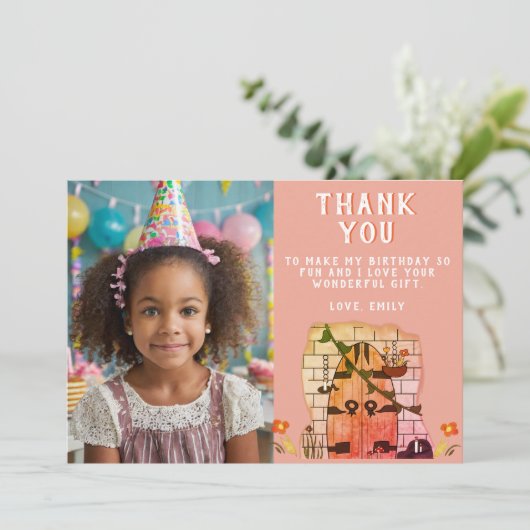 おとぎ話ドアフラワースケッチ誕生日写真 サンキューカード (スタンド正面)