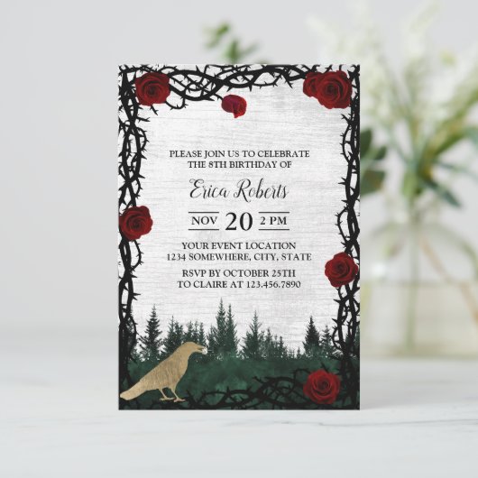 おとぎ話フォレストバラ&トーン金ゴールドバード誕生日 招待状 (スタンド正面)