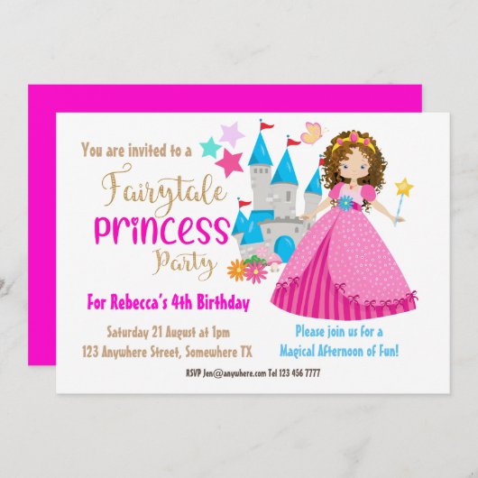 おとぎ話プリンセスブラウンヘアバースデーパーティー 招待状 (正面/裏面)