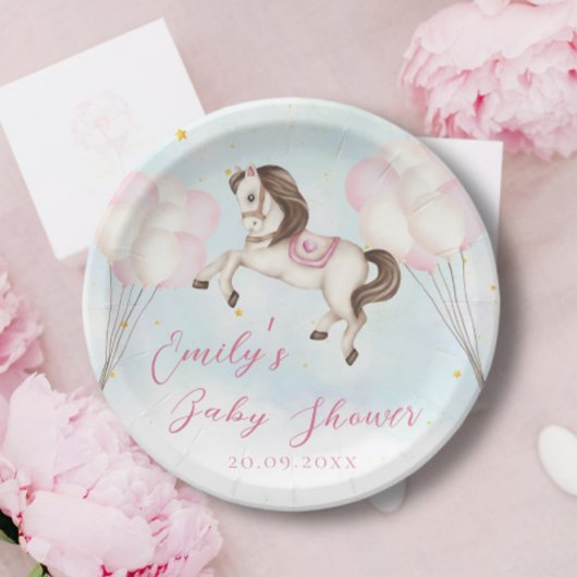おとぎ話ベビーポニーピンクバルーン星シャワー ペーパープレート