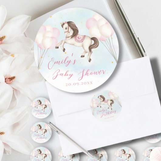 おとぎ話ベビーポニーピンクバルーン星シャワー ラウンドシール