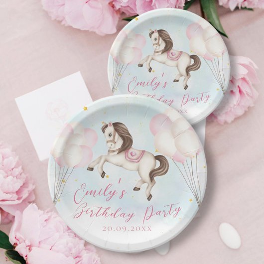 おとぎ話ベビーポニーピンクバルーン星誕生日 ペーパープレート