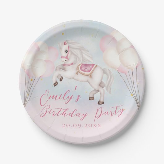 おとぎ話ベビーポニーピンクバルーン星誕生日 ペーパープレート (正面)