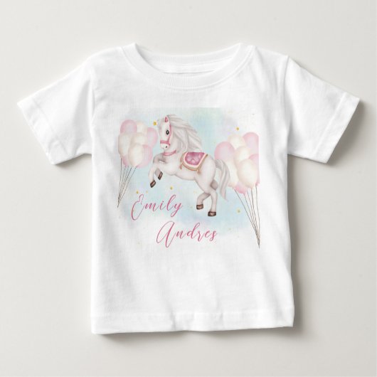 おとぎ話ベビーポニーピンクバルーン誕生日女の子 ベビーTシャツ (正面)