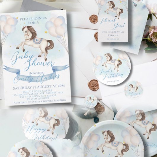 おとぎ話ベビーポニーブルーバルーンスターシャワー ラウンドシール