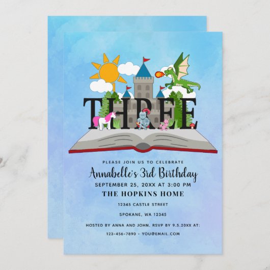 おとぎ話ポップ・アートのアップブックキッズ第3誕生日 招待状 (正面/裏面)