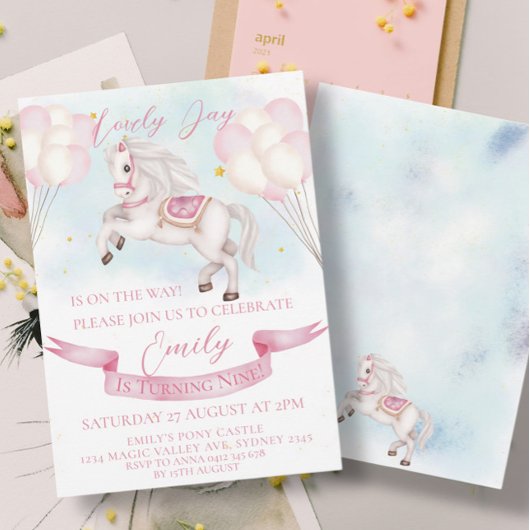 おとぎ話ポニースターズピンクバルーン誕生日パーティー 招待状