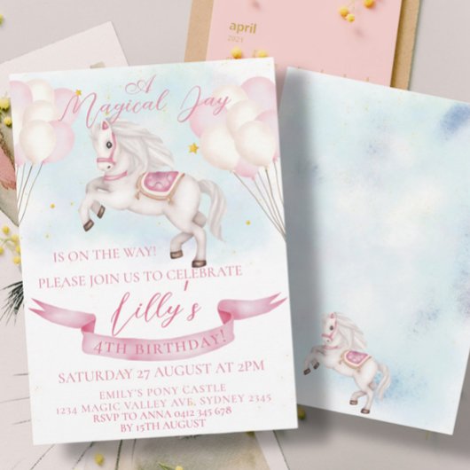 おとぎ話ポニースターズピンクバルーン誕生日パーティー 招待状