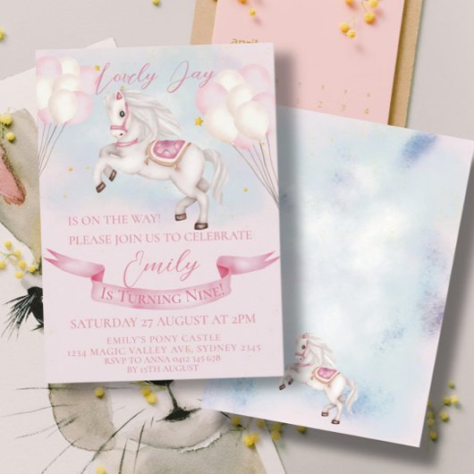 おとぎ話ポニースターズピンクバルーン誕生日パーティー 招待状