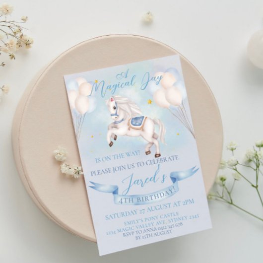 おとぎ話ポニースターバルーン1stバースデーボーイパーティー 招待状