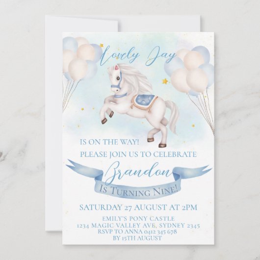 おとぎ話ポニーバルーン1stバースデーボーイパーティー 招待状 (正面)