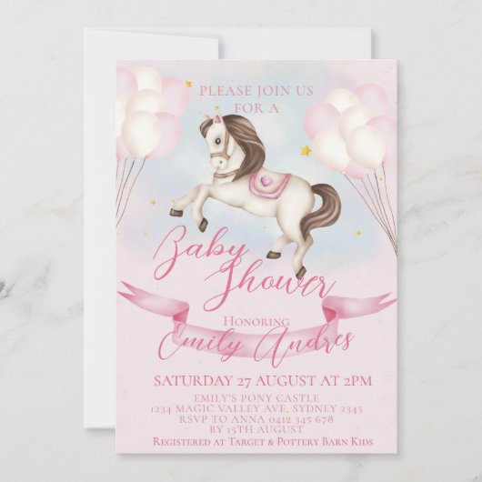 おとぎ話ポニー星ピンクバルーン赤ちゃんシャワー 招待状 (正面)