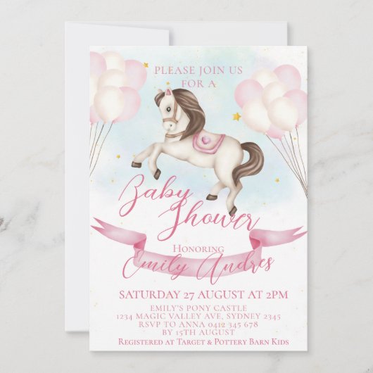 おとぎ話ポニー星ピンクバルーン赤ちゃんシャワー 招待状 (正面)