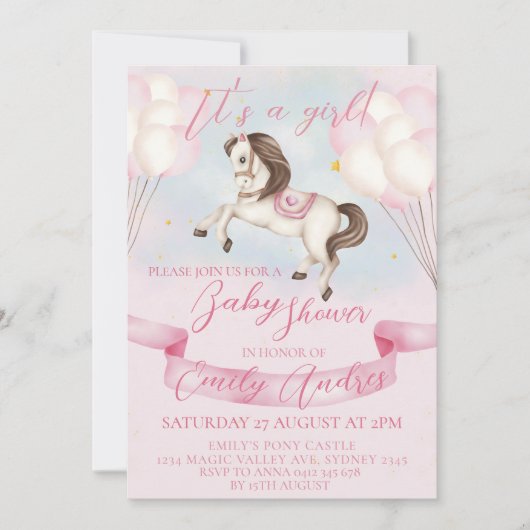 おとぎ話ポニー星ピンクバルーン赤ちゃんシャワー 招待状 (正面)