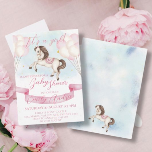 おとぎ話ポニー星ピンクバルーン赤ちゃんシャワー 招待状