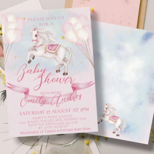 おとぎ話ポニー星ピンクバルーン赤ちゃんシャワー 招待状