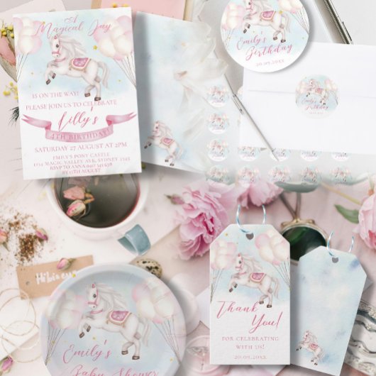 おとぎ話ポニー星ピンクバルーン赤ちゃんシャワー 招待状