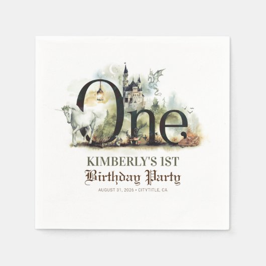 おとぎ話ユニコーンドラゴンと城の最初の誕生日 スタンダードカクテルナプキン (正面)