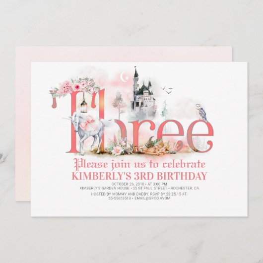 おとぎ話ユニコーンプリンセス城3回目の誕生日 招待状 (正面/裏面)