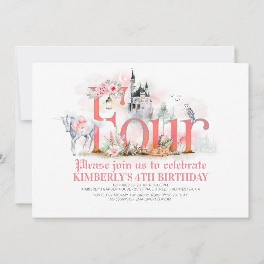 おとぎ話ユニコーンプリンセス城4歳の誕生日 招待状 (正面)