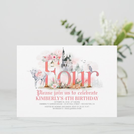 おとぎ話ユニコーンプリンセス城4歳の誕生日 招待状 (スタンド正面)