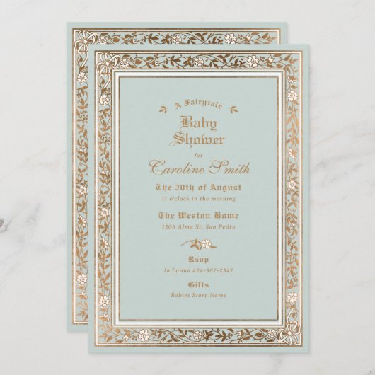 おとぎ話淡い色のの青い赤ちゃんシャワー 招待状 (正面/裏面)