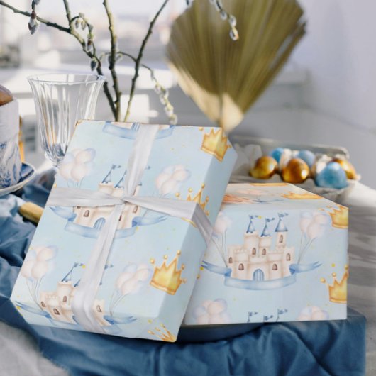 おとぎ話魔法城金ゴールドクラウンブルーバルーン ラッピングペーパー