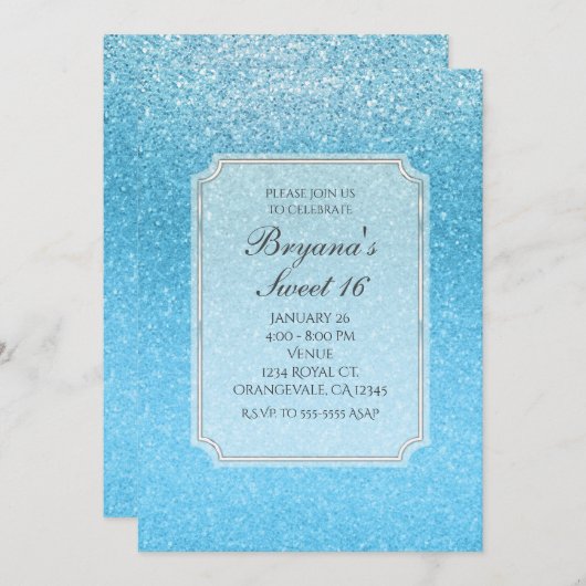 おとぎ話 青いグリッター スイート16 パーティー招待状 招待状 (正面/裏面)