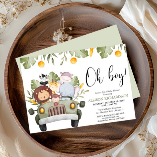 おとこのサファリジャングル動物ベイビーシャワー 招待状