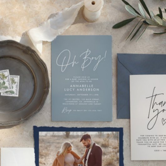 おとこのベイビーシャワー スクリプト 現代的 ベイビーブルー エレガント 招待状