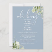 おとこの子どものためのグリーン インテリア ブルーのベイビーシャワー 招待状 (正面)