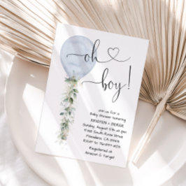 おとこの子グリーン風船ベビーシャワー、ダスティーブルー 招待状