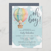 おとこの子 テディベア 青い 熱気球 赤ちゃん歓迎会 招待状 (正面/裏面)