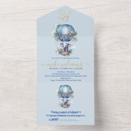 おとこの子 青い水彩ゾウのベビーシャワー オールインワン招待状 (内側)