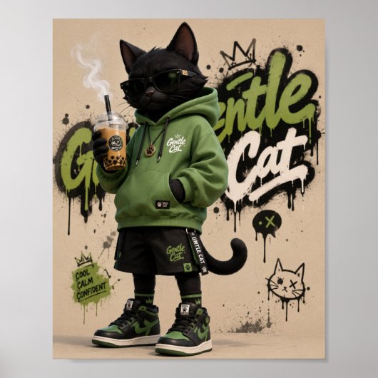 おとなしい猫、都会のストリートウェア 黒猫マスコット デザイン ポスター (正面)