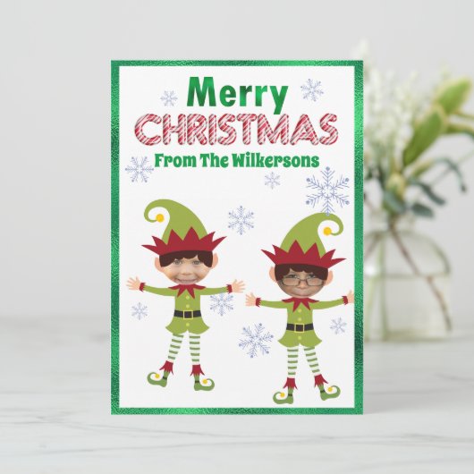 おとぼけエルフのカスタム子供写真 メリークリスマス シーズンカード (スタンド正面)