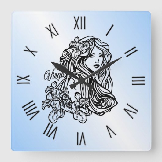 おとめ座の乙女の星座ブルーローマ数字 スクエア壁時計 (正面)