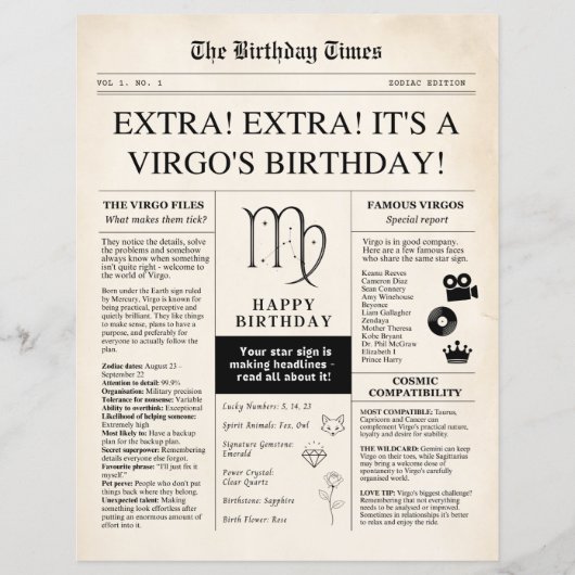おとめ座の誕生日新聞、セピア色の星座の紙 (正面)