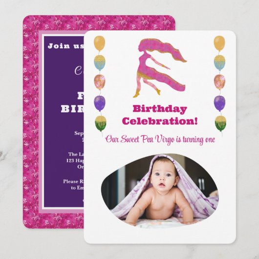 おとめ座の1歳の誕生日写真　印象派　ゴールド 招待状 (正面/裏面)