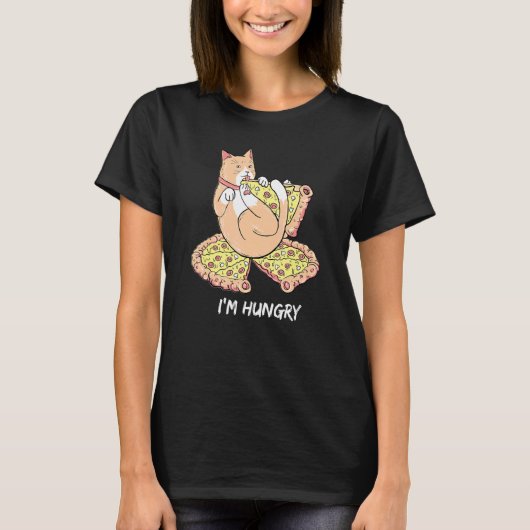おなかがすいた猫食べのピザ Tシャツ (正面)