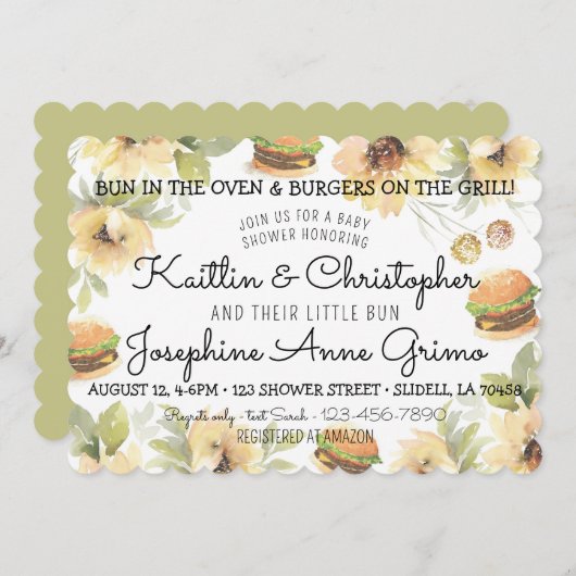 おなかに赤ちゃんとグリルのハンバーガー 招待状 (正面/裏面)
