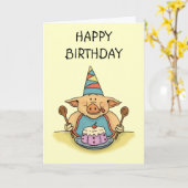 おなかをすかせた豚ハッピーバースデーカード カード (黄色い花)