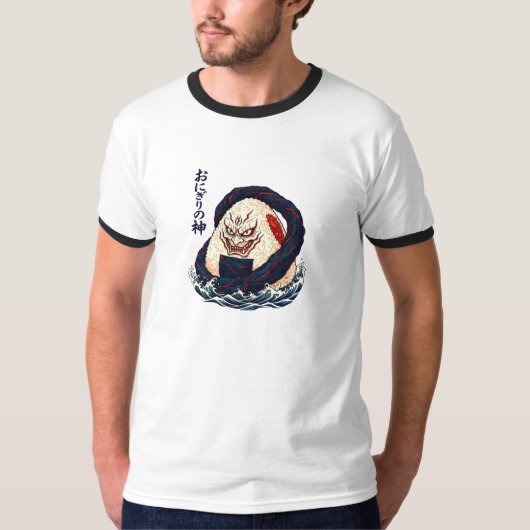 おにぎりの神様 鬼サムライ 和風おにぎり波デザイン Tシャツ (正面)
